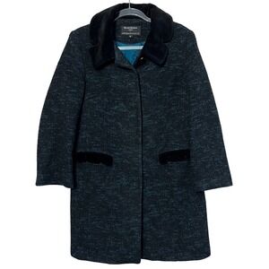 Helene Berman London Anthropologie Wool Black & Teal Longline Trench Coat Size 8